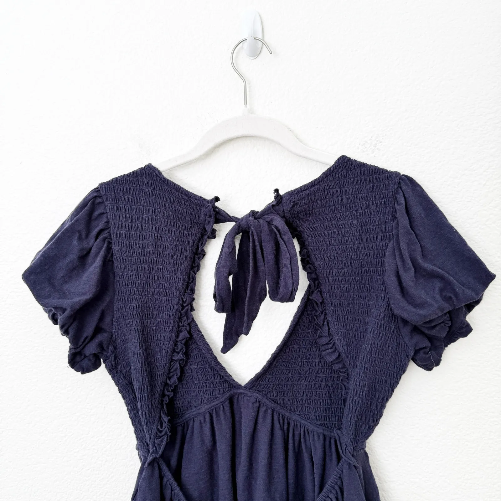 [Free People] Blue Charlotte V-Neck Smocked Open Back Top Puff Sleeves Sz Small - Image 6