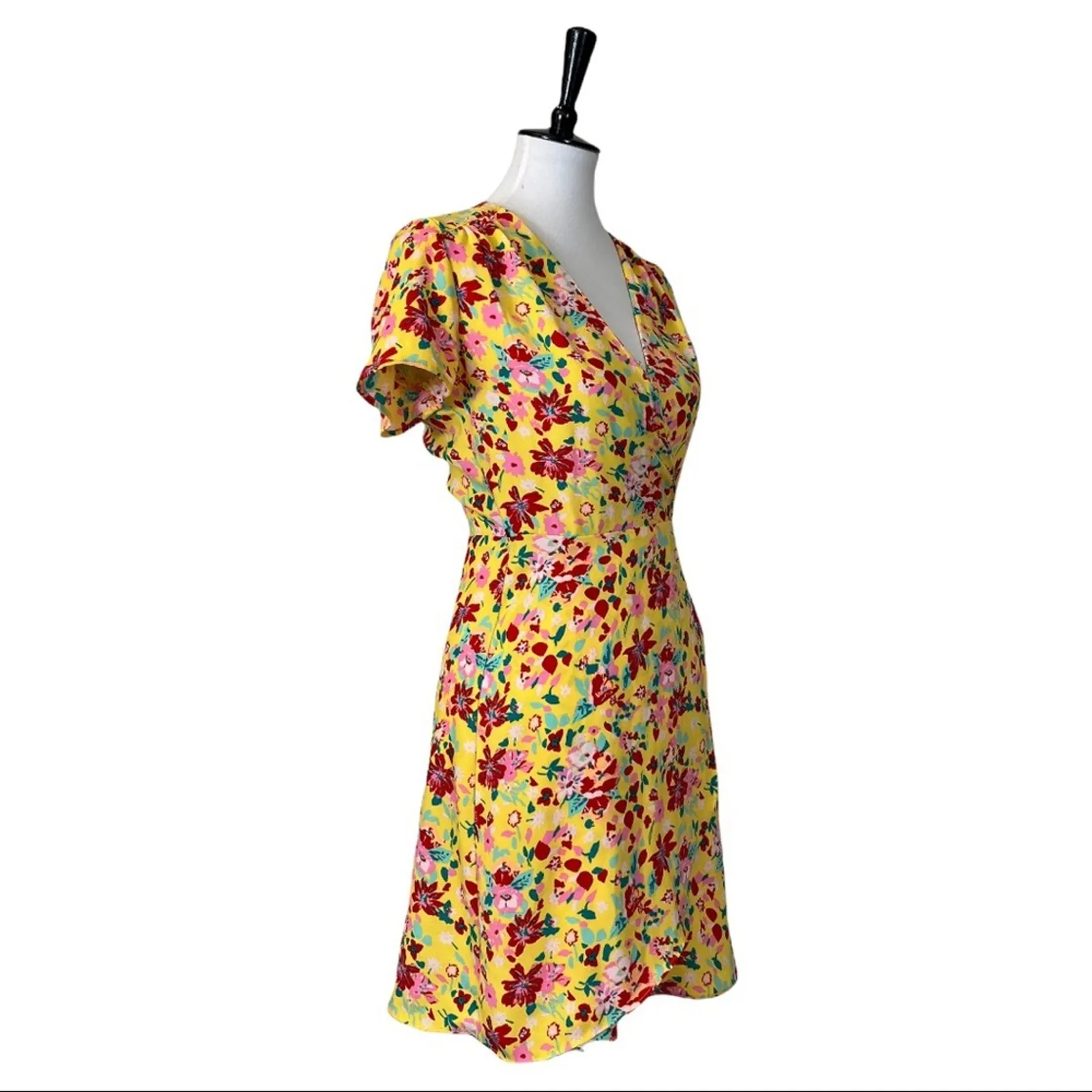 J. Crew Women's Wrap Dress Yellow Pink Floral Short Sleeve Tie Waist Size 0 - Image 2