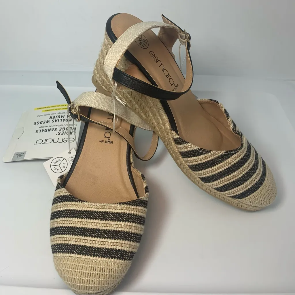 Esmara Striped Pattern Espadrille Ankle Strap Court Wedges, Size‎ 8 Tan - Image 2