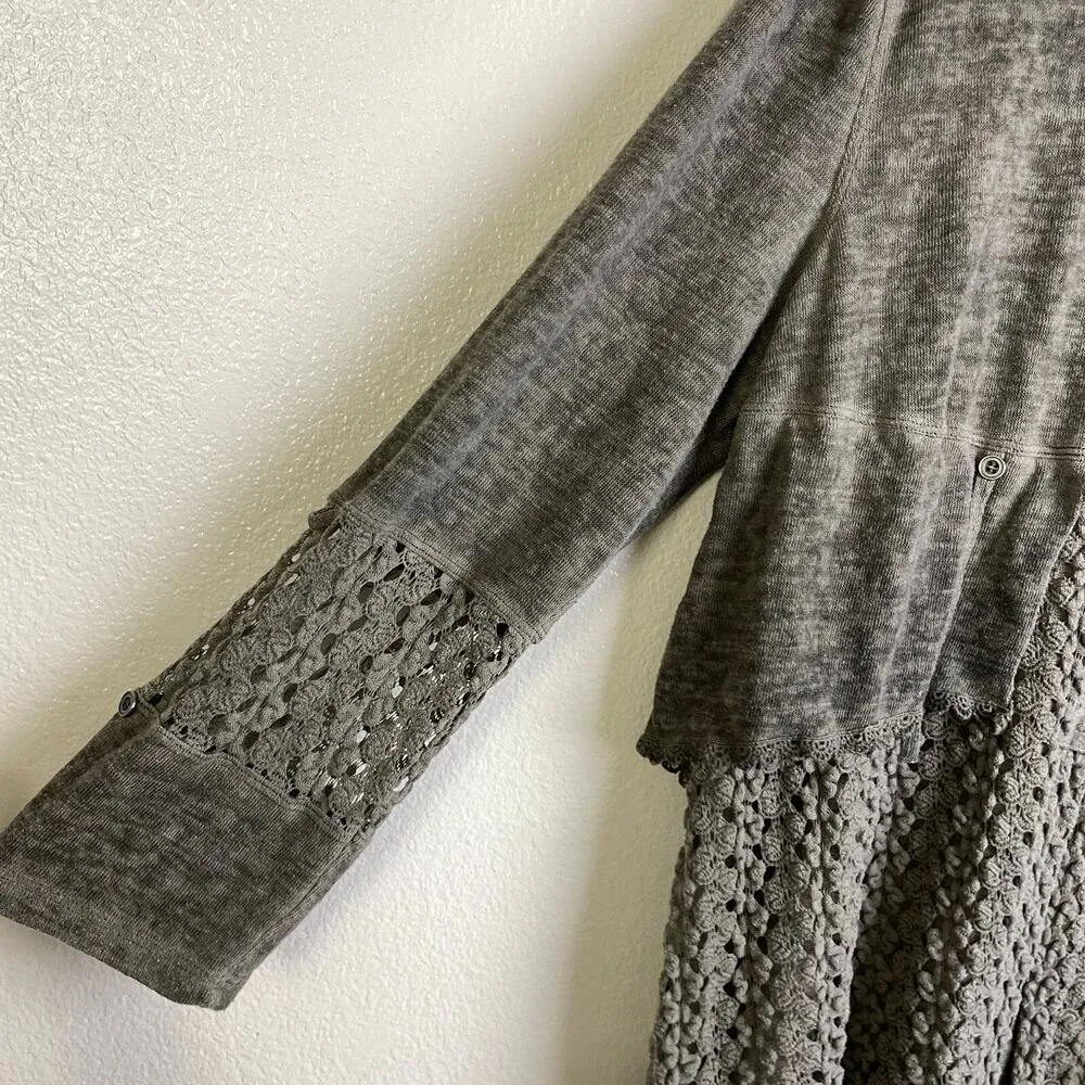 Ali Miles Top Gray Button Up Layered Crochet Shirt Sheer Knit Womens Large - Image 5