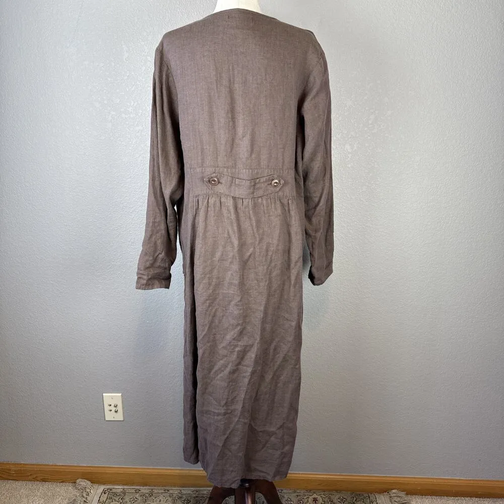 Flax Womens Maxi Duster Shirt Dress Jacket Size M Taupe Brown Linen Lagenlook - Image 6