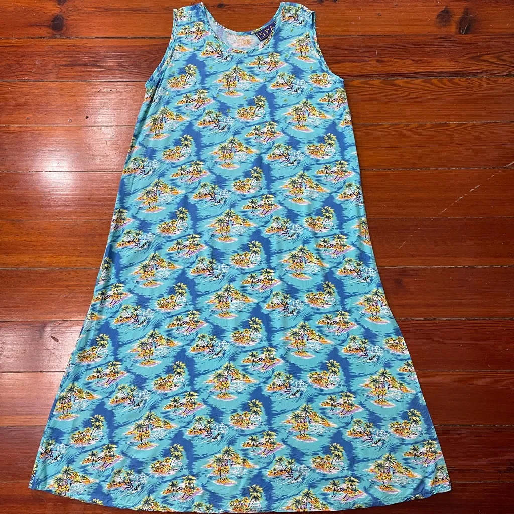 Vintage Spa Island Print Maxi Dress Sleeveless Tiki Resort Size Large 🍄 Blue - Image 5