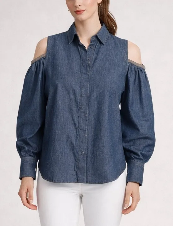 Brunello Cucinelli Denim Cold Shoulder Top Women’s XS Dark Wash Puff Sleeve - Image 1