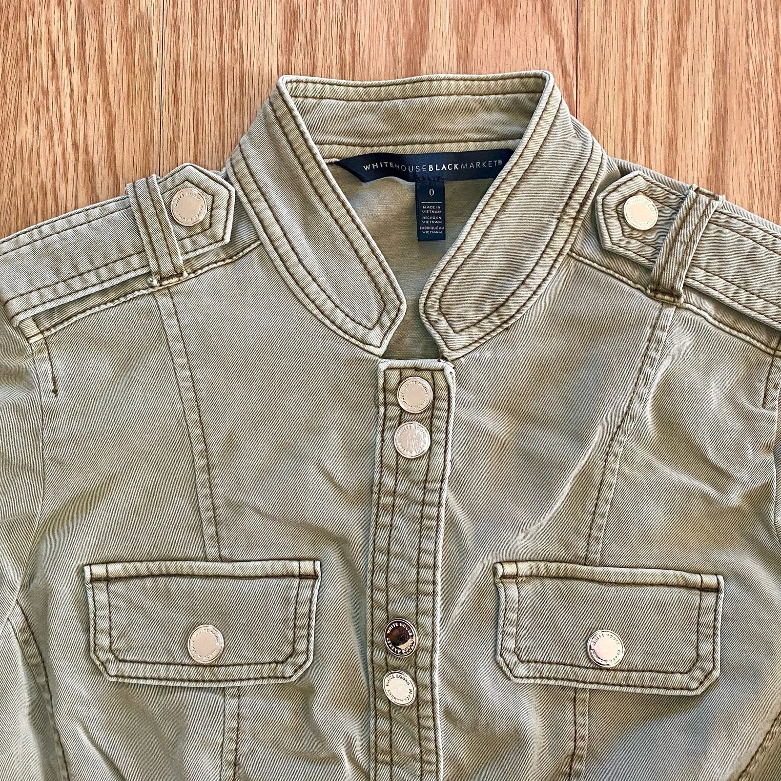 White House Black Market Olive Green Cotton Military Jacket Womens 0 - Image 2