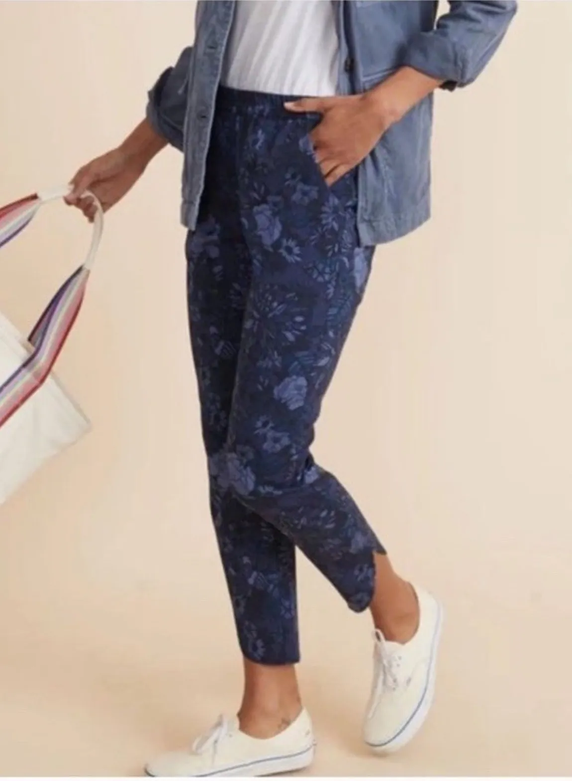Marine Layer Allison Re-Spun Navy Blue Floral Pull On Pants Travel Womens XS - Image 1