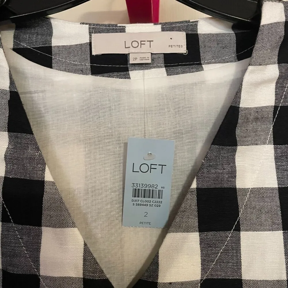 NWT LOFT Gingham Button V-Neck Dress Puff Short Sleeve Black White Size 2 Petite - Image 6