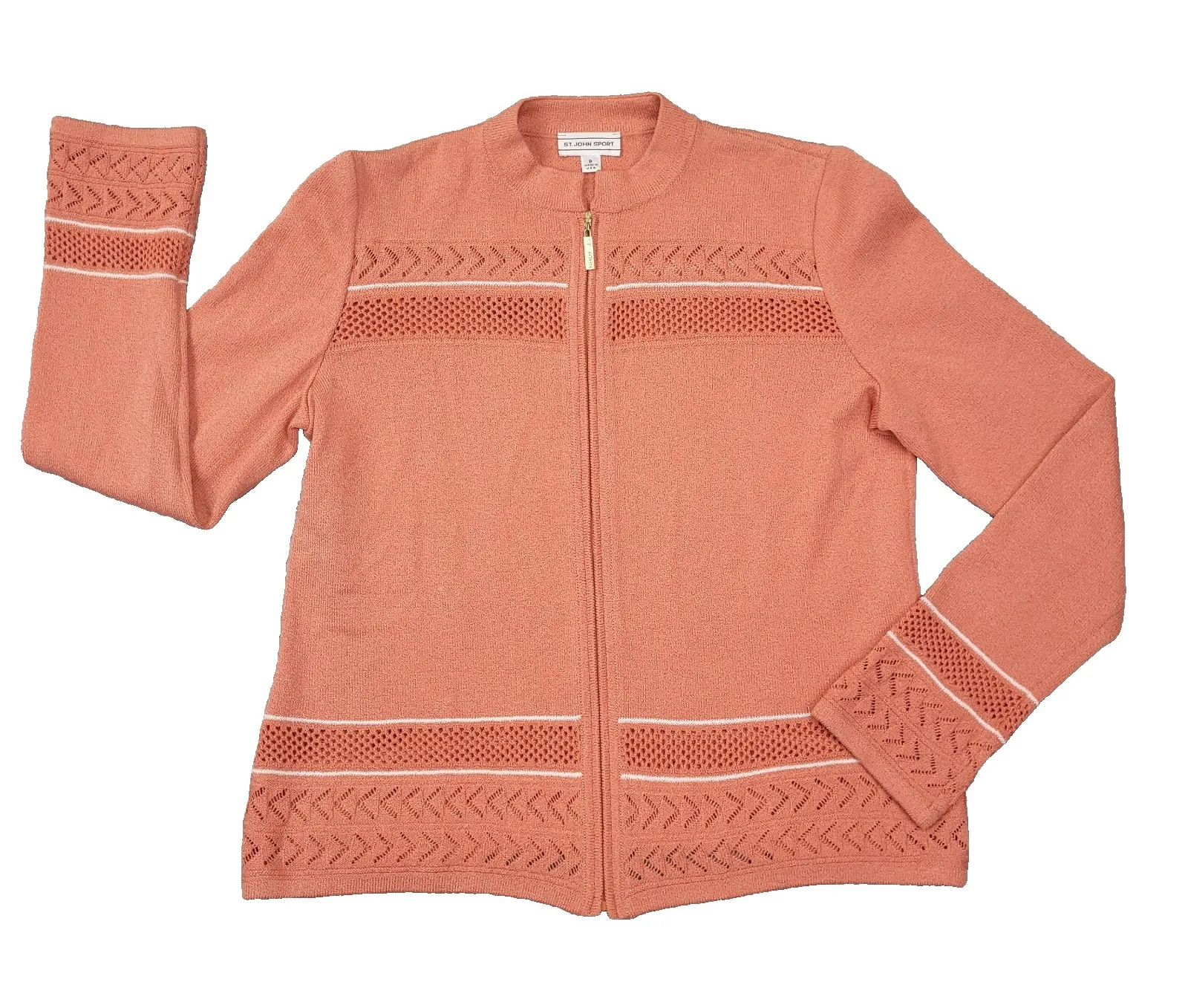 St. John Sport Light Orange Crochet Knit Full Zip Sweater Jacket size Small - Image 1