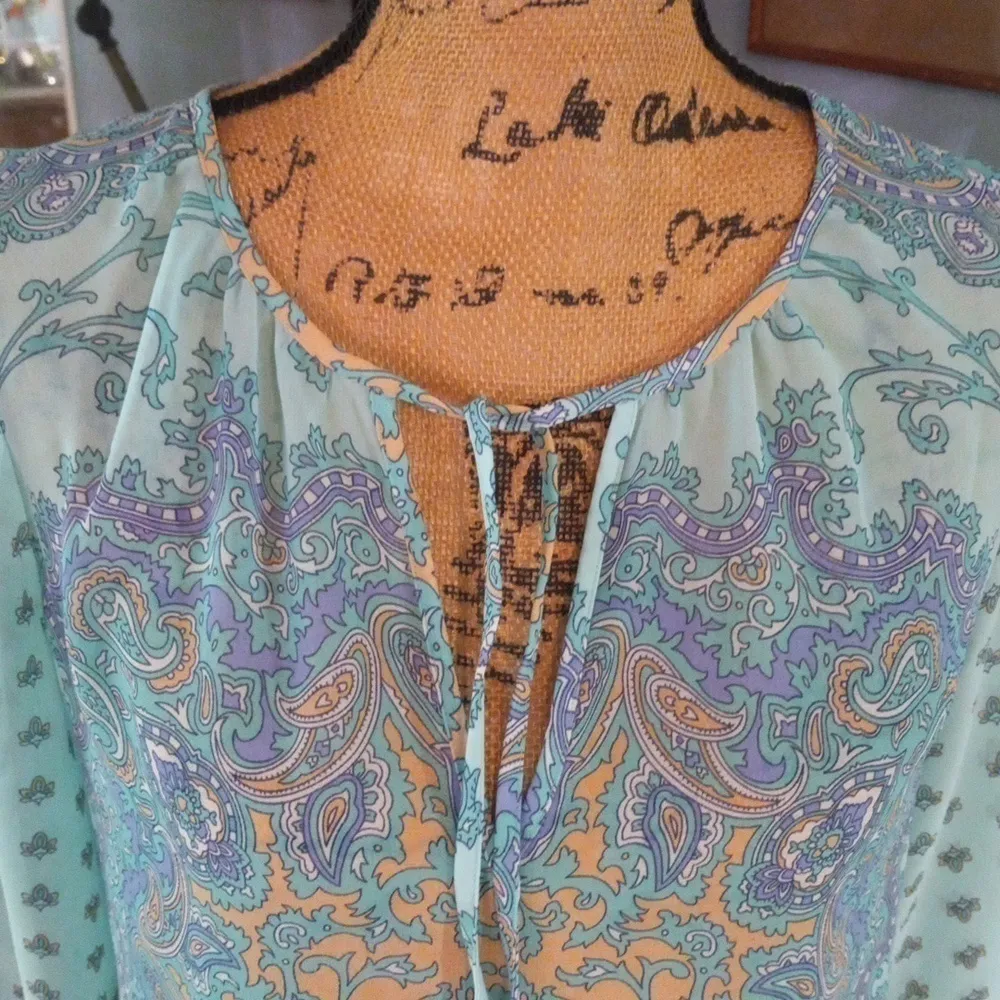Ann Taylor Aqua and Lavender Paisley Print Boho Sheer Peasant Blouse - Image 3