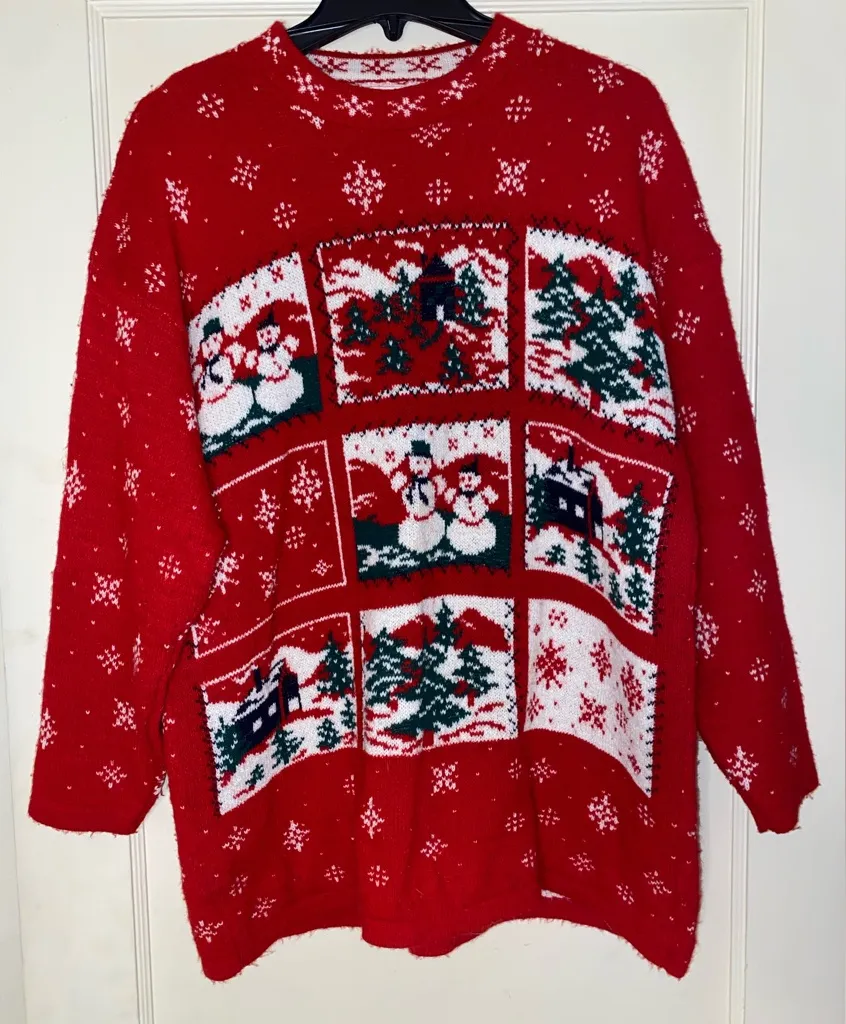 Vintage Willow Bay Long Sweater Knit Snowman Landscape Holiday Large Mock Neck Red - Image 1