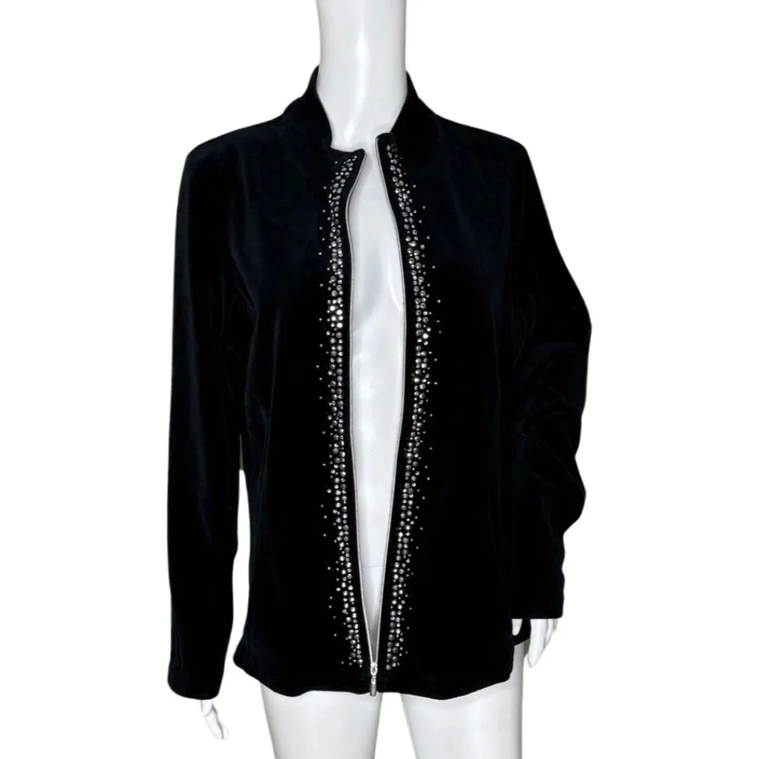 Chicos Jacket Womens Medium Black Rhinestones Velour Zip Up Zenergy Neutral‎ - Image 2