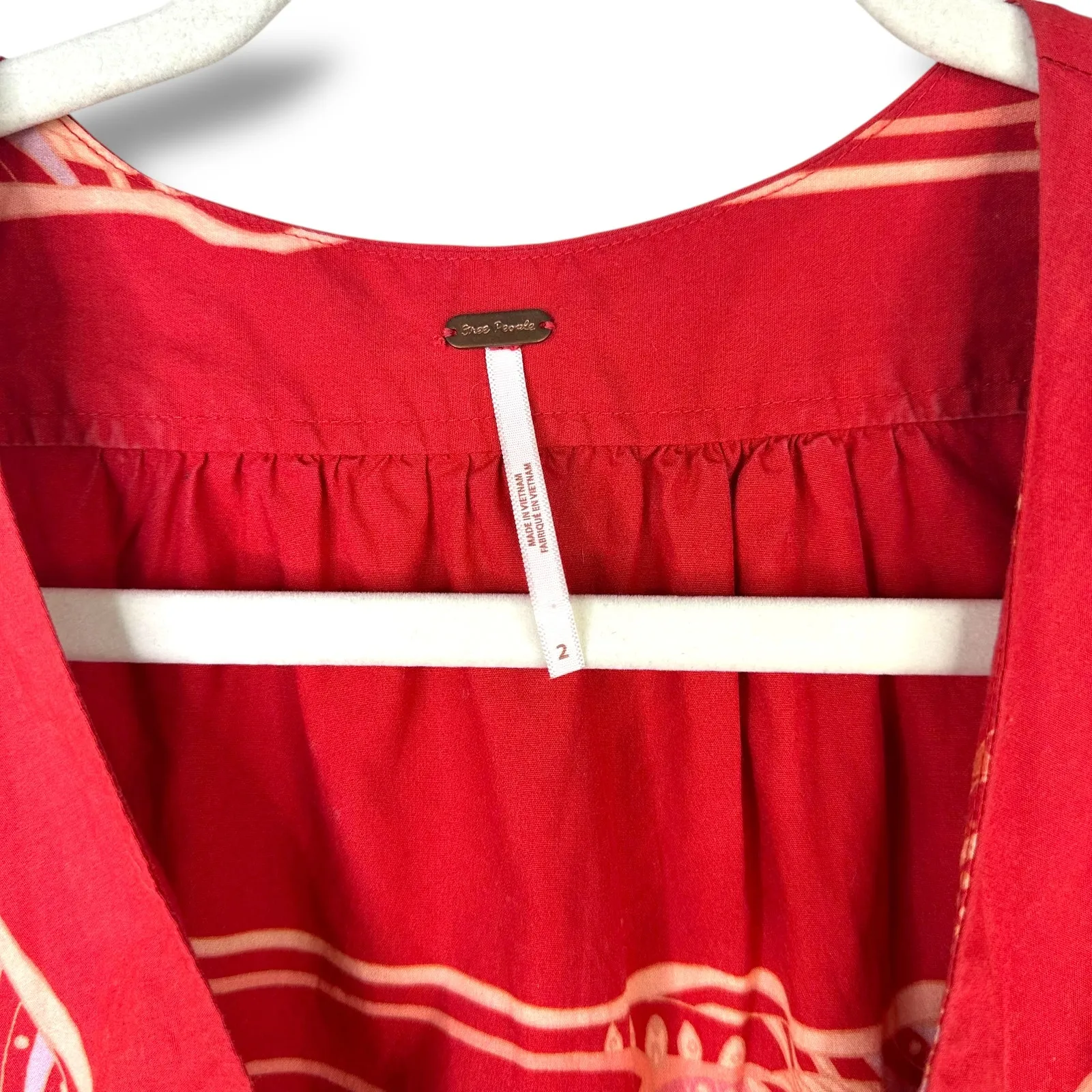 Free People Linvilla Red Bandana Button Knot Tie Front Midi Cap Sleeve Dress - Image 9