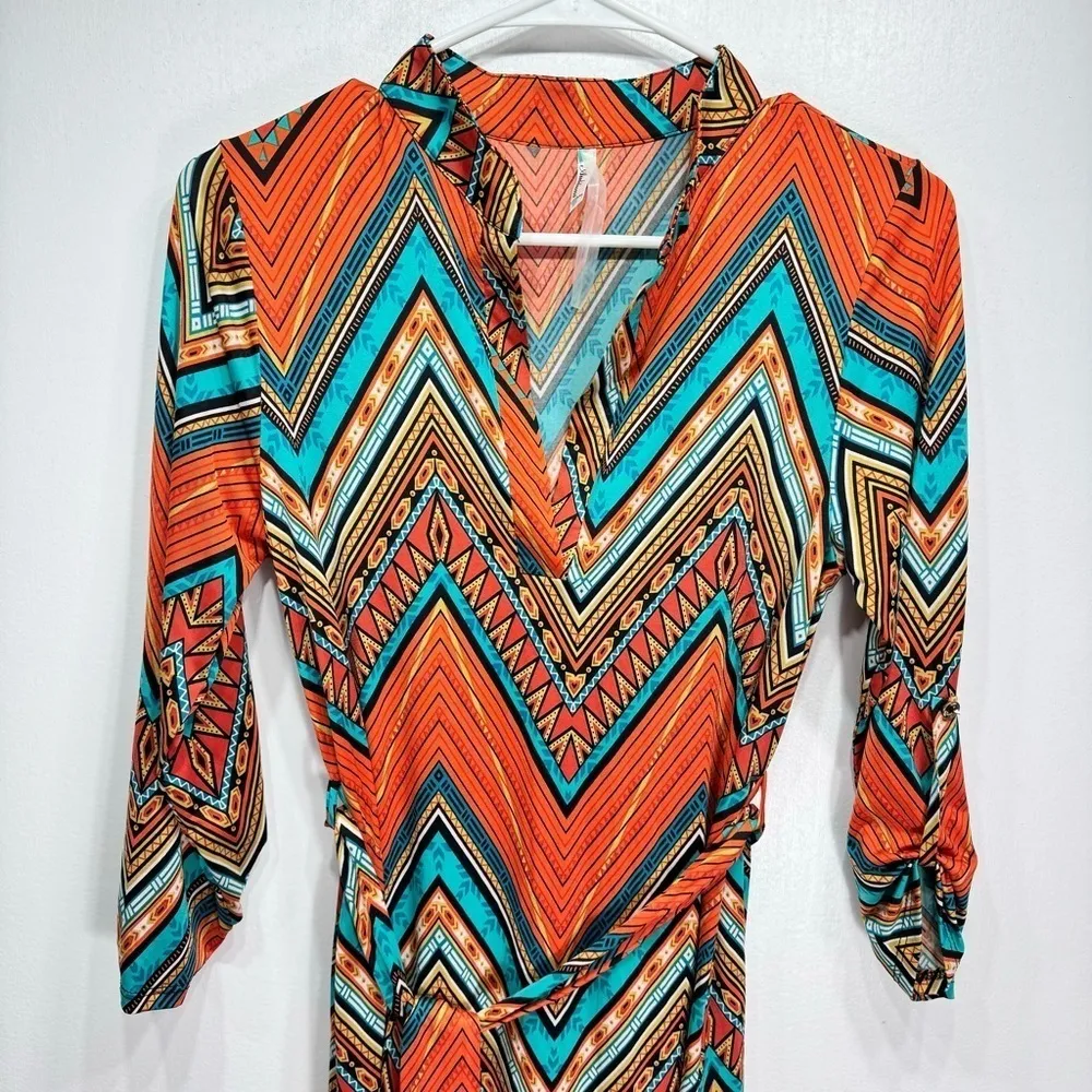 Auditions Southwestern Orange Turquoise Black Zigzag Belted Dress Size Small NEW - Image 9