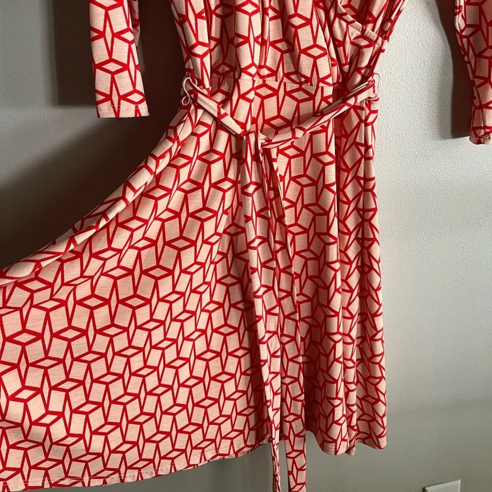 41 Hawthorn Red Geometric Print Wrap Dress M Long Sleeve Belted Knit Size M - Image 5