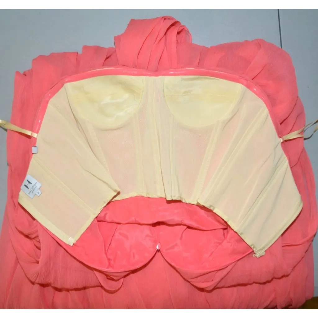 Halston Heritage Chiffon Peach Maxi Dress Womens 2 Silk Strapless Evening Prom - Image 10