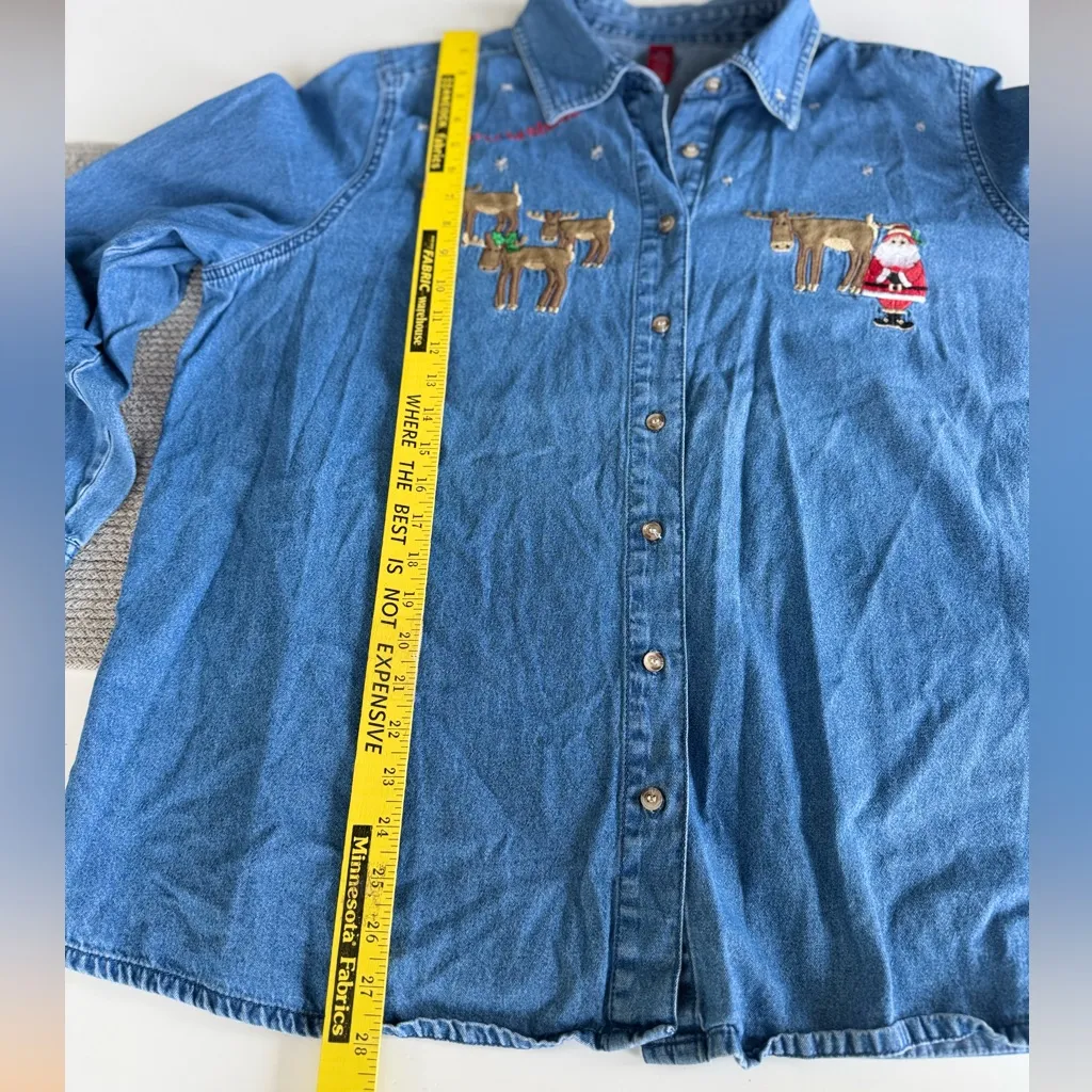 Vintage 90s Denim Embroidered Christmas Theme Jean Shirt Size 2X 18 - Image 8