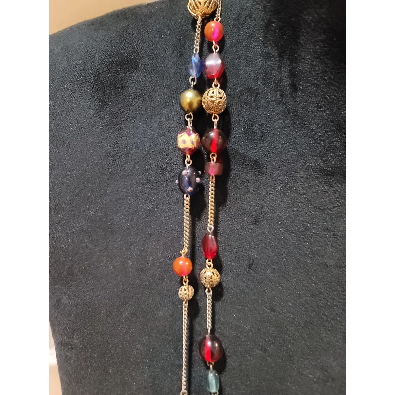 Women’s Long Multicolor Glass Bead Necklace Gold Tone Chain Lobster Clasp - Image 3