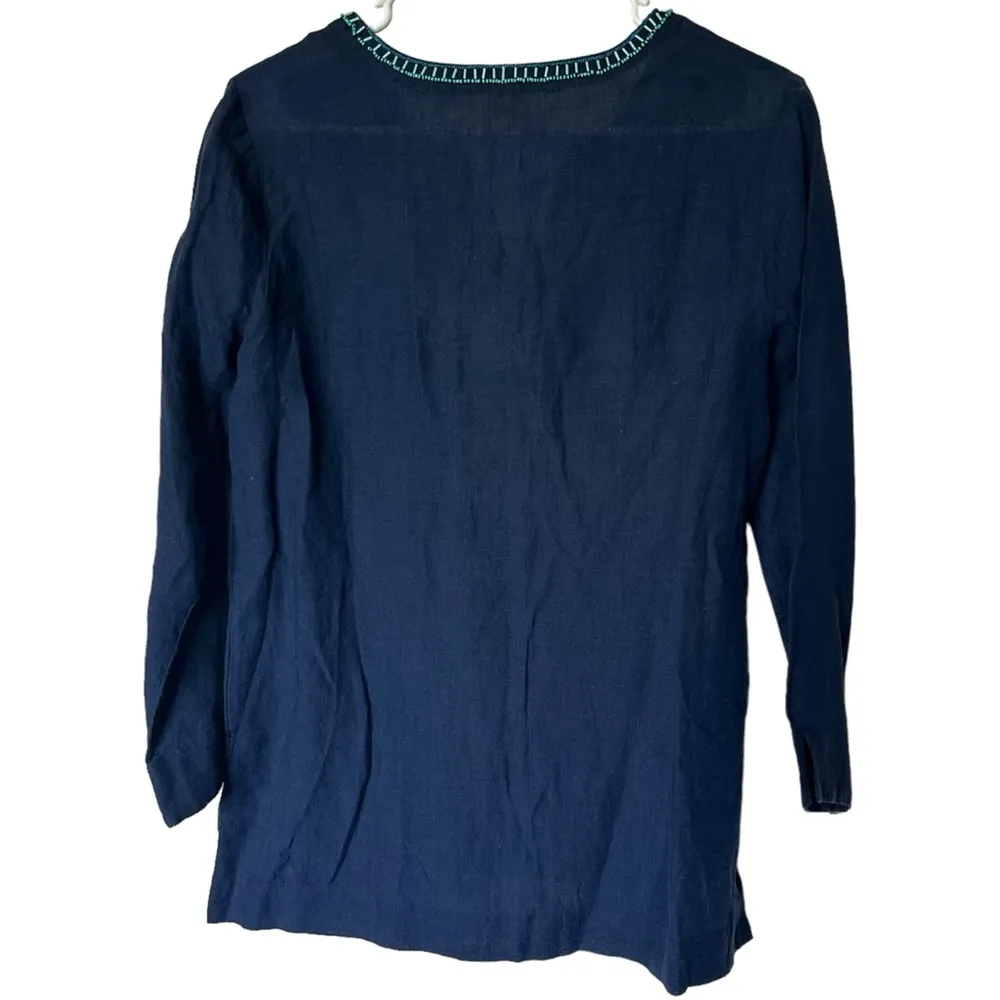 NEW  Amelia Island Tunic Top Linen Beaded Navy Blue Small - Image 2