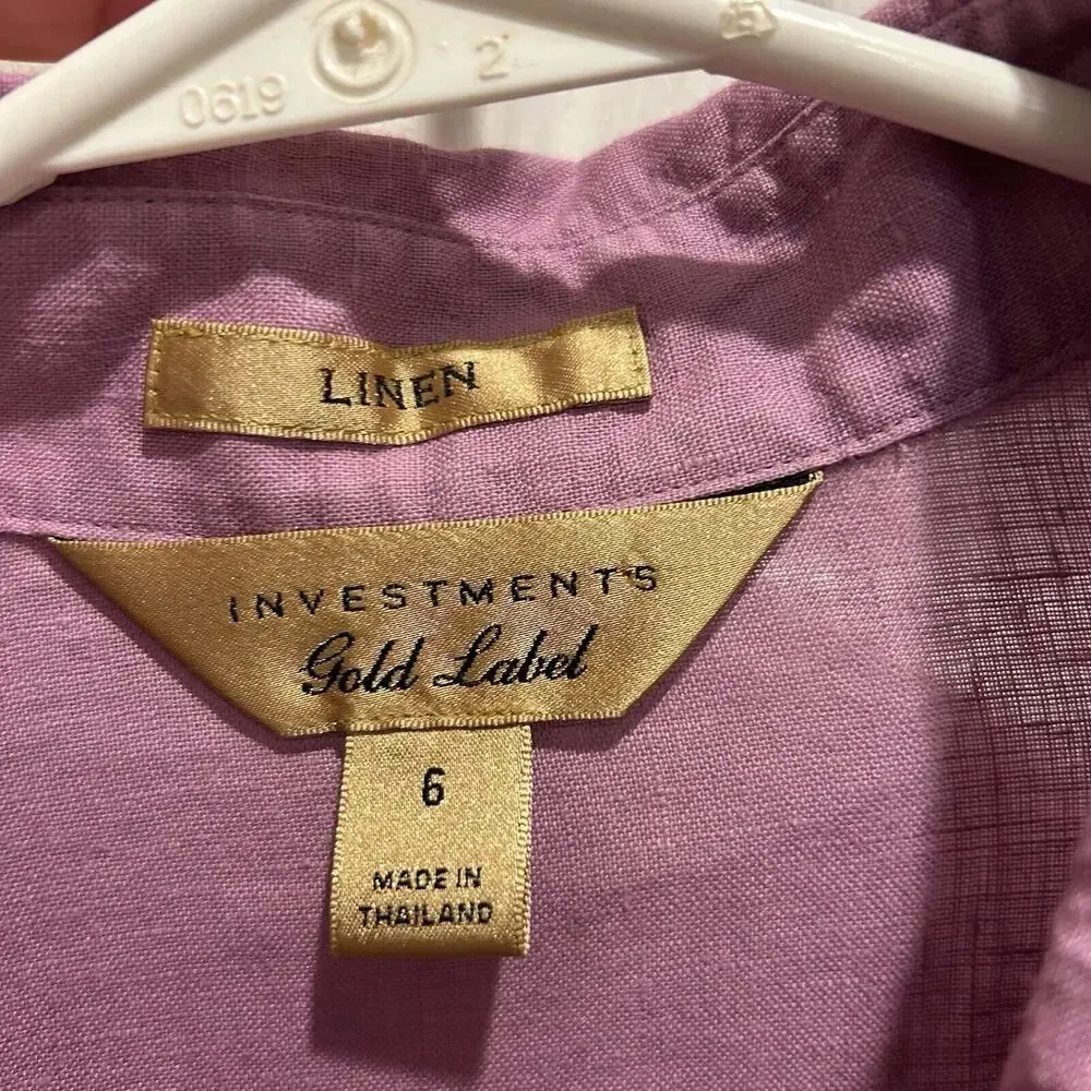 Investments Gold Label Purple No Iron 100% Linen Button Down Shirt Top Women’s 6 - Image 3