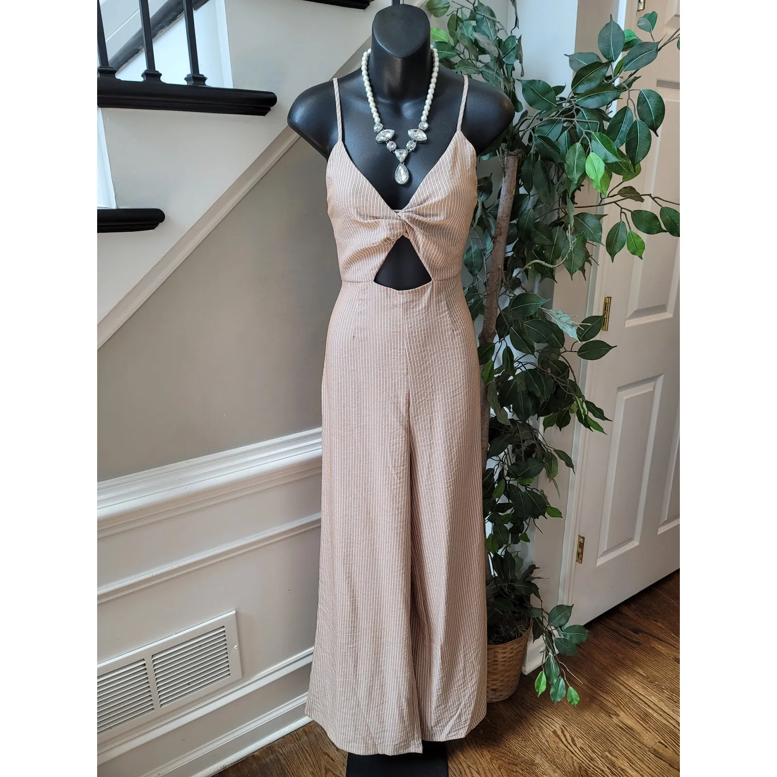 The Room Jumpsuit Women Medium Beige White Striped Cutout Wide Leg Sleeveless - Image 2