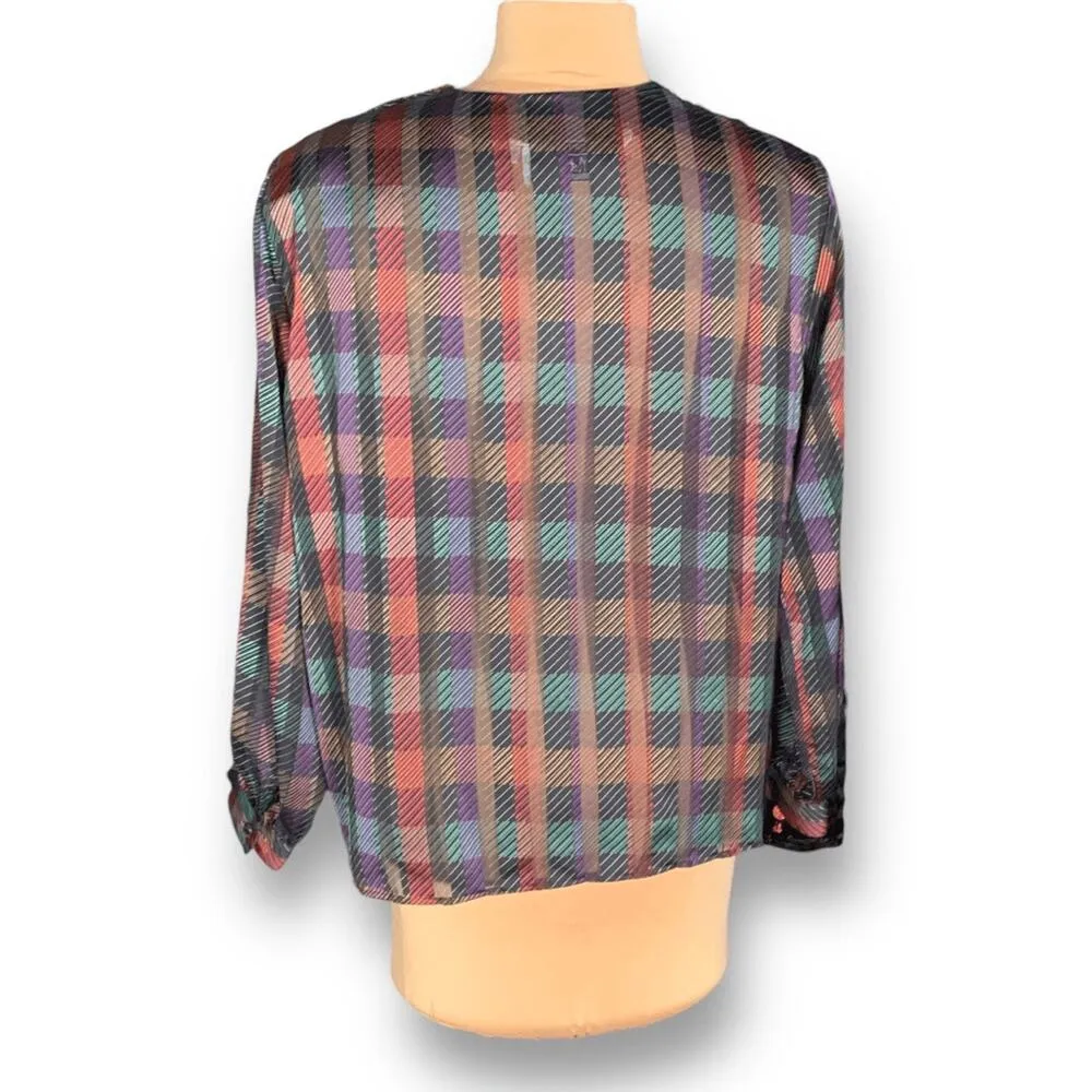 Vintage Notations Multicolor Plaid Blouse Satin Button Shoulder Long Sleeve Black Size 14 - Image 3