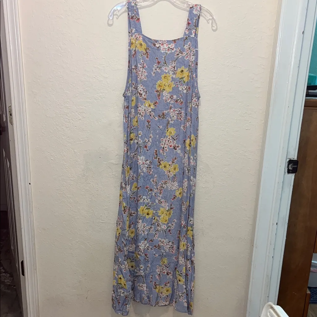 Vintage Floral Overalls Dress Blue Sleeveless Made in USA Size L - Image 2