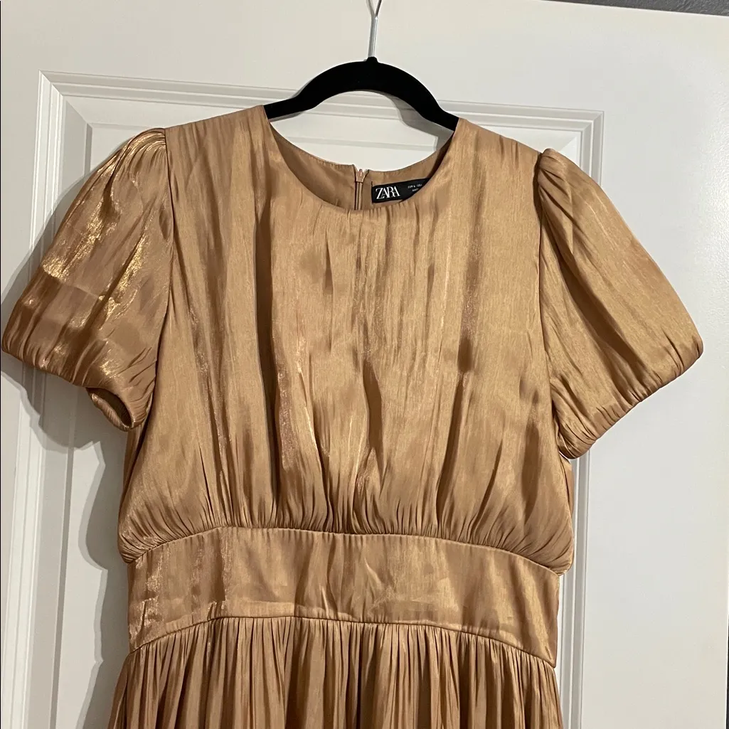 Zara Copper Satin Midi Dress Gold Shiny Fit And Flare Short Puff Sleeves Large - Image 10