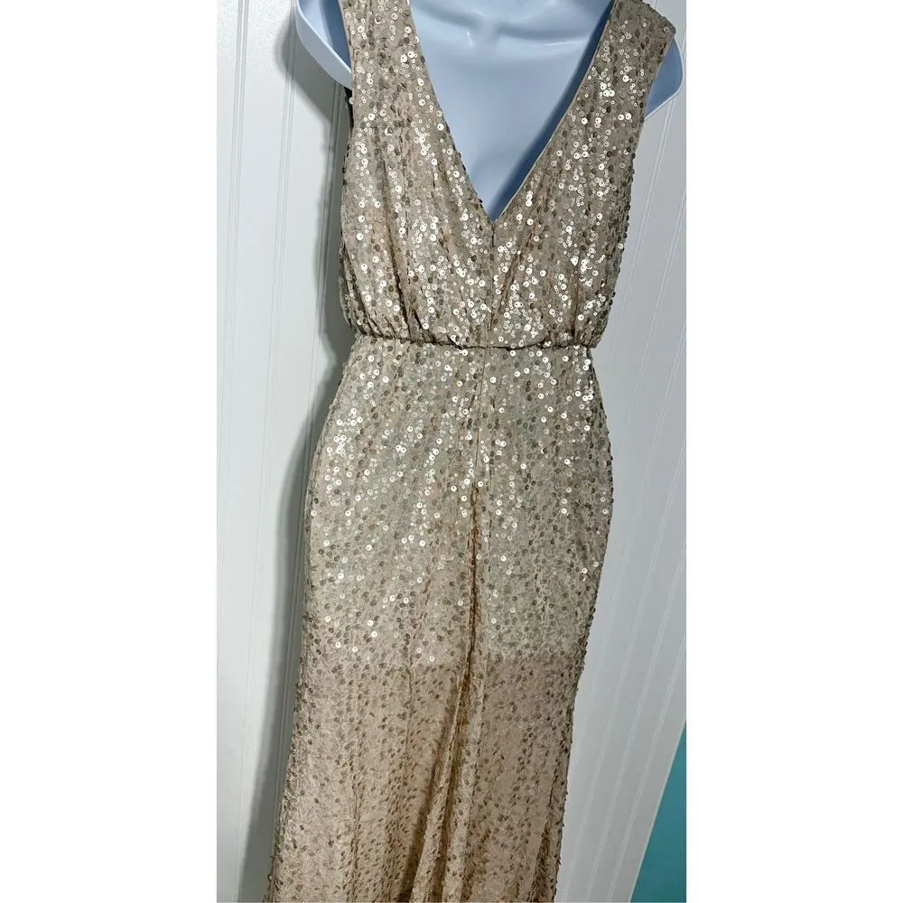 David’s Bridal Long Sequin‎ Sheath Blouson Maxi Dress Gown Cap Sleeves Gold XS - Image 9