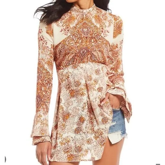 FREE PEOPLE Lady Luck Bell Sleeve Print Tunic or Mini Dress In Ivory Size XS - Image 2