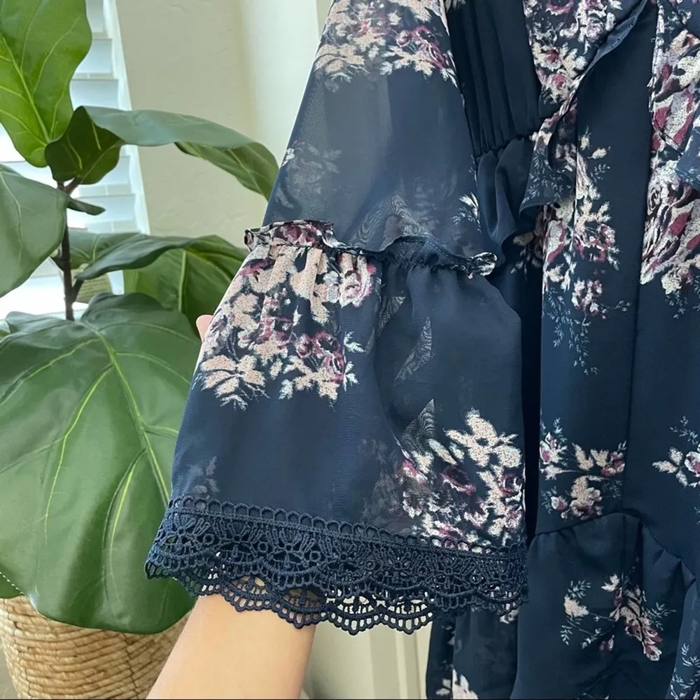 Xhilaration Navy Floral Ruffle MIDI Dress Long Sleeve Pink S - Image 6