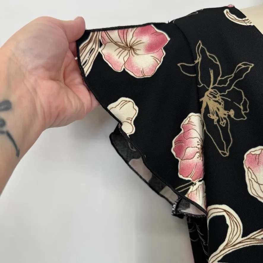 Vintage Y2K PS Asymmetrical Dress Womens Small Black Pink Floral Flutter Sleeve - Image 5