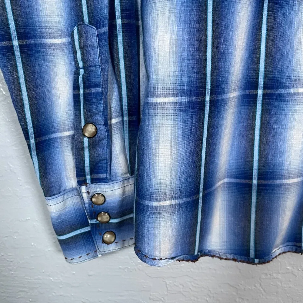 Brooks Dunn Collection Panhandle Slim Women L Blue White Plaid Pearl Snap Shirt Size L - Image 4