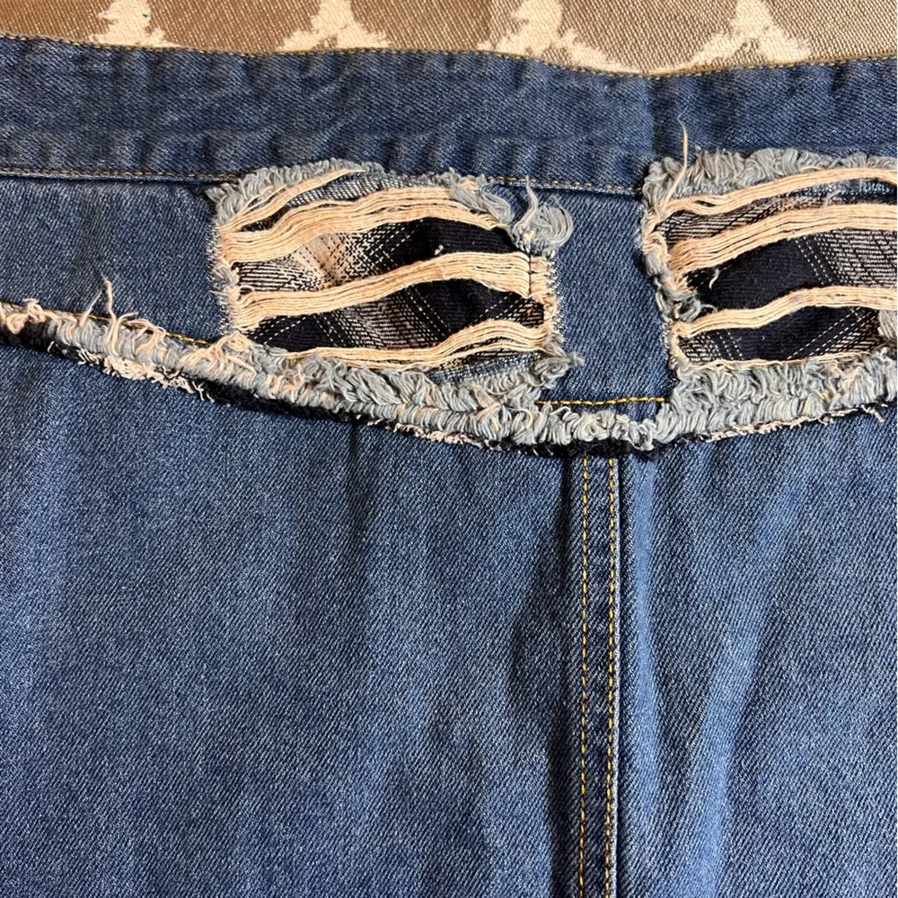 POL Blue Denim Mini Skirt distressed w lined plaid patches casual denim summer - Image 8
