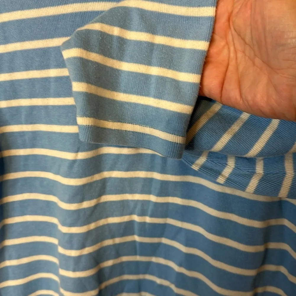 LL BEAN Womens Blue White Stripe 1/4 Zip Mock Neck Long Sleeve Shirt Sz. Large - Image 4