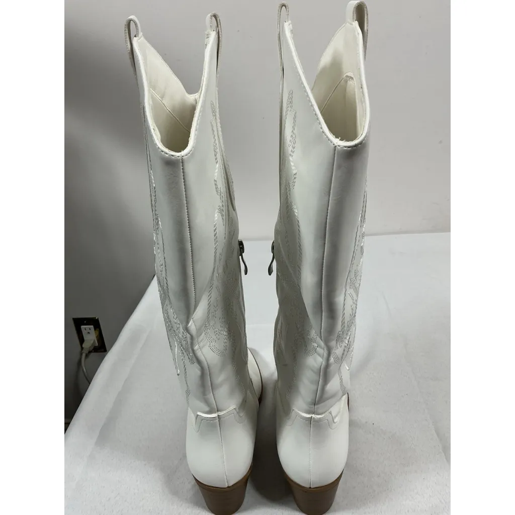 Womans Fran Willot Knee High Cowgirl Boots 9 White Embroidered Heel 1/2 Zip - Image 5