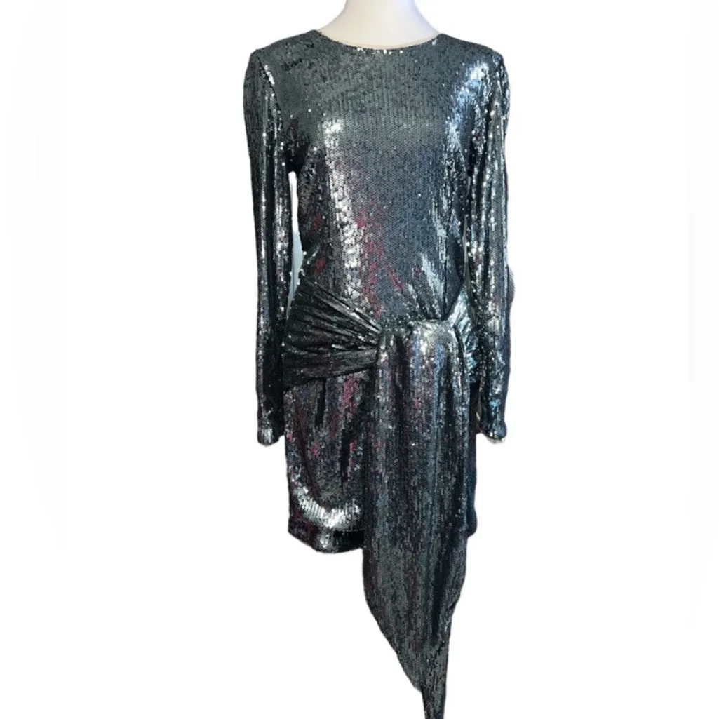 Toccin Gun Metal Metallic Sequin‎ Mini Dress Long Sleeve Size 6 Silver - Image 5