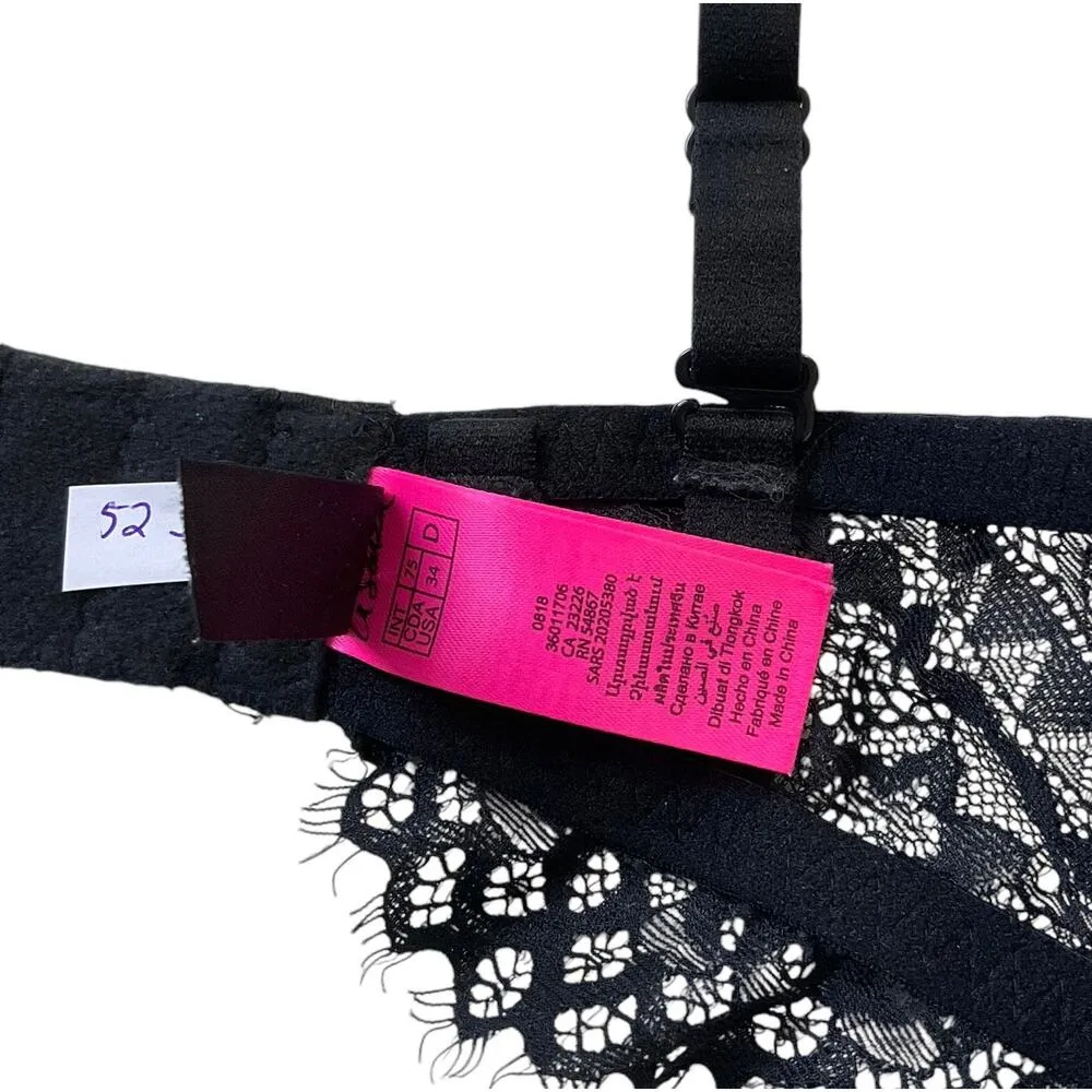 Black Lace Rhinestones Push Up Bra Women Size 34D | 52-16 - Image 2