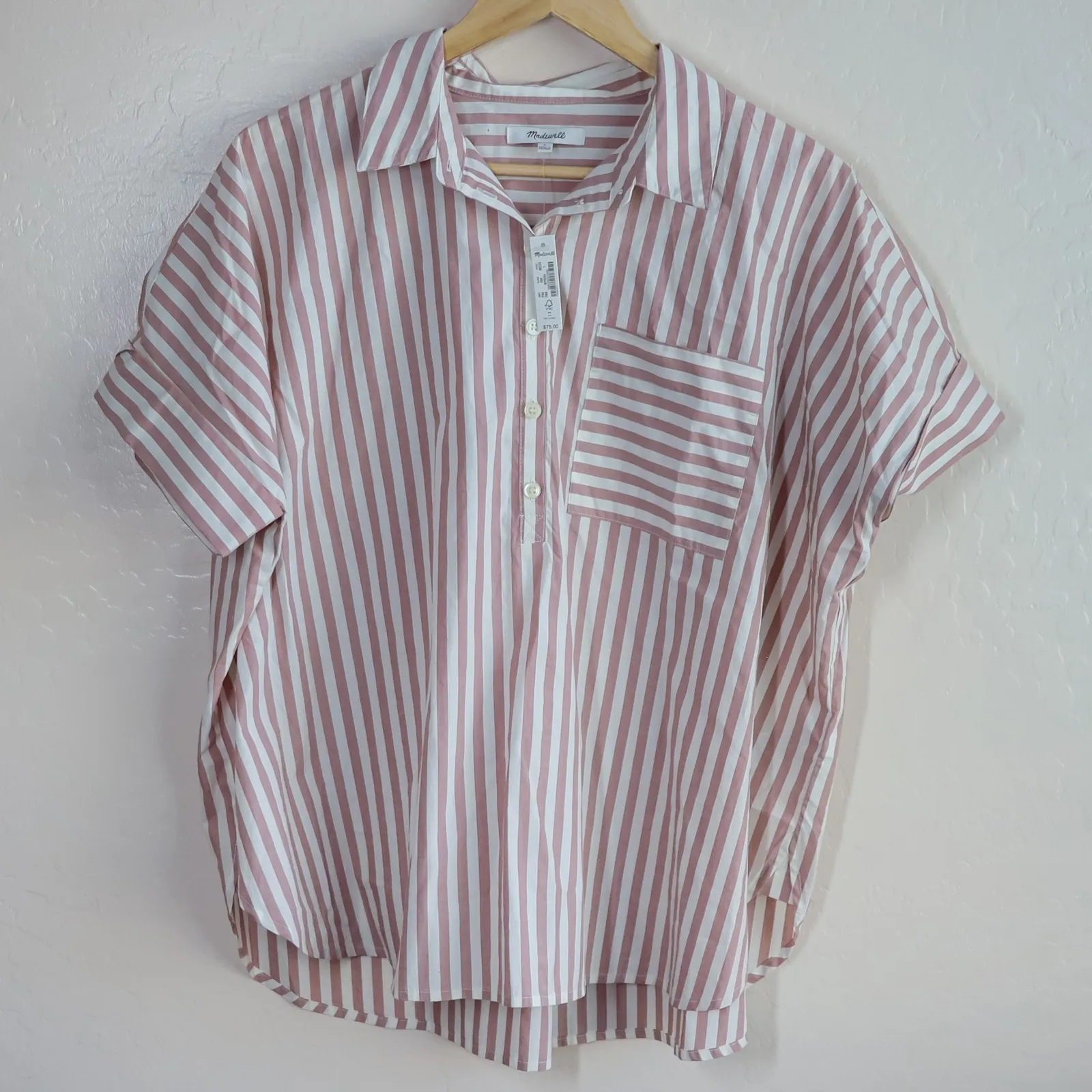 Madewell Stripe Play Button Up Popover Shirt Linen Blend Short Sleeve Size L NWT - Image 3