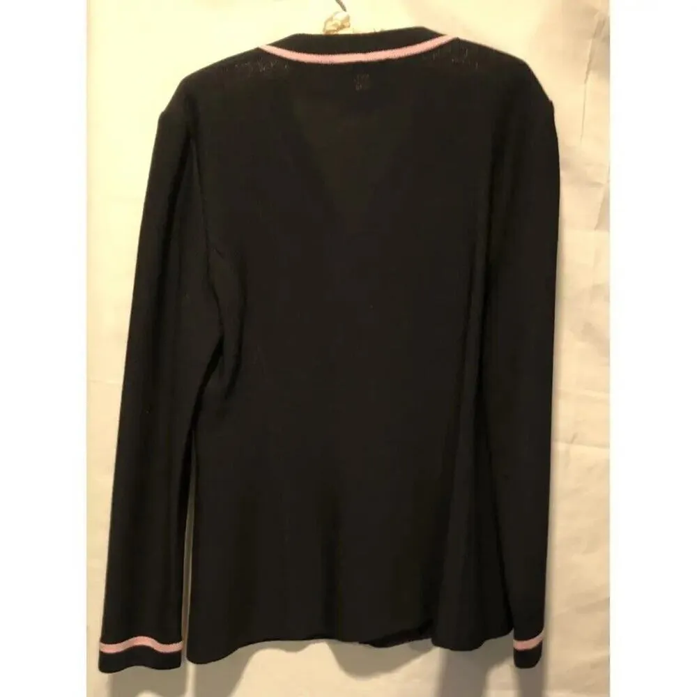 St John Marie Gray Knit Cardigan Jacket Sz M Black w Pink Trim Classic Vintage - Image 5