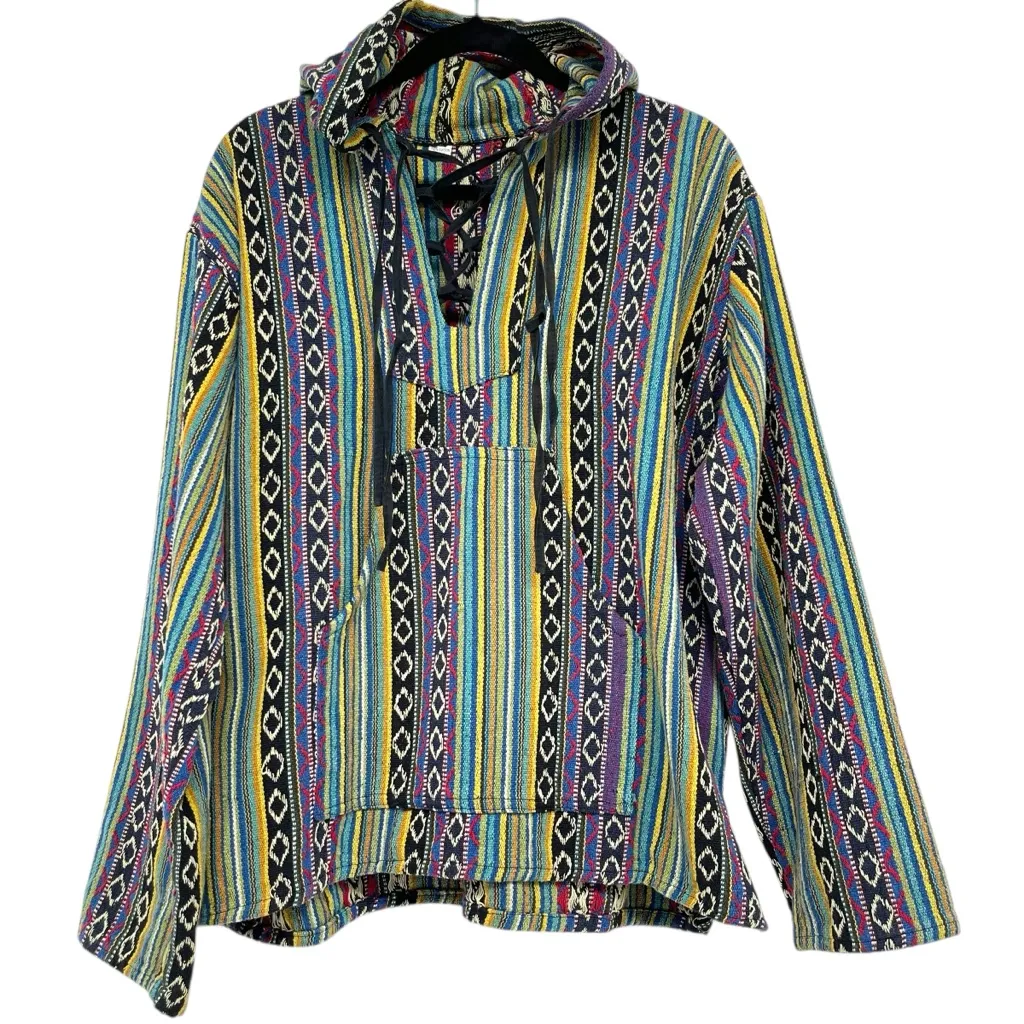 Baja Hoodie Pullover 1/4 Lace Up Front Women L Kangaroo Pocket Multicolor Unisex Blue Size undefined - Image 1