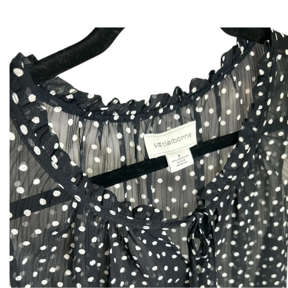 Liz Claiborne Sheer Black Polka-Dot Button down w/Ruffles Vneck Sleeveless MED - Image 5