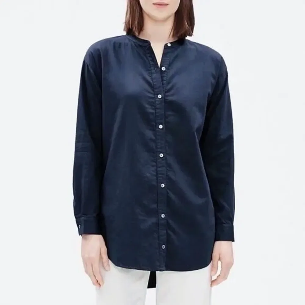 Eileen Fisher • Mandarin Collar Shirt tunic Indigo organic twill button down - Image 2