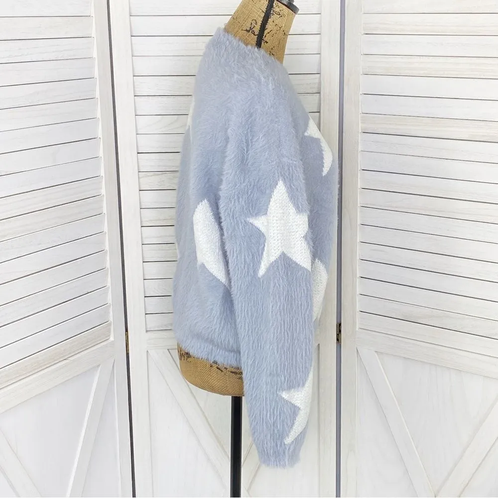 Cliche‎ Stars Fuzzy Crop Pullover Sweater Blue White Medium - Image 3