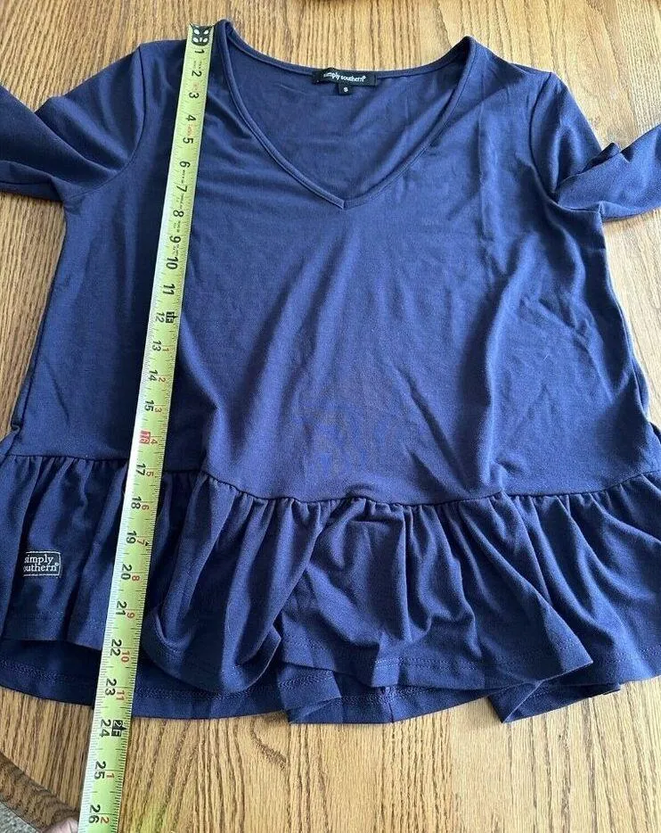 Simply Southern Navy Blue Bell Sleeve Size Small Ruffle Peplum Top Shirt Blouse - Image 5