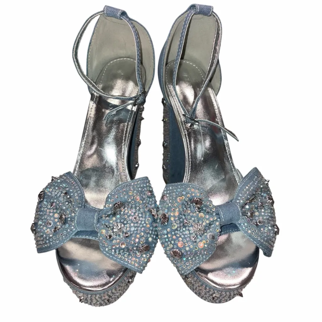 NEW Azalea Wang Chalini Denim Rhinestone Embellished Platform Sandals Shoes 8.5 Blue - Image 6