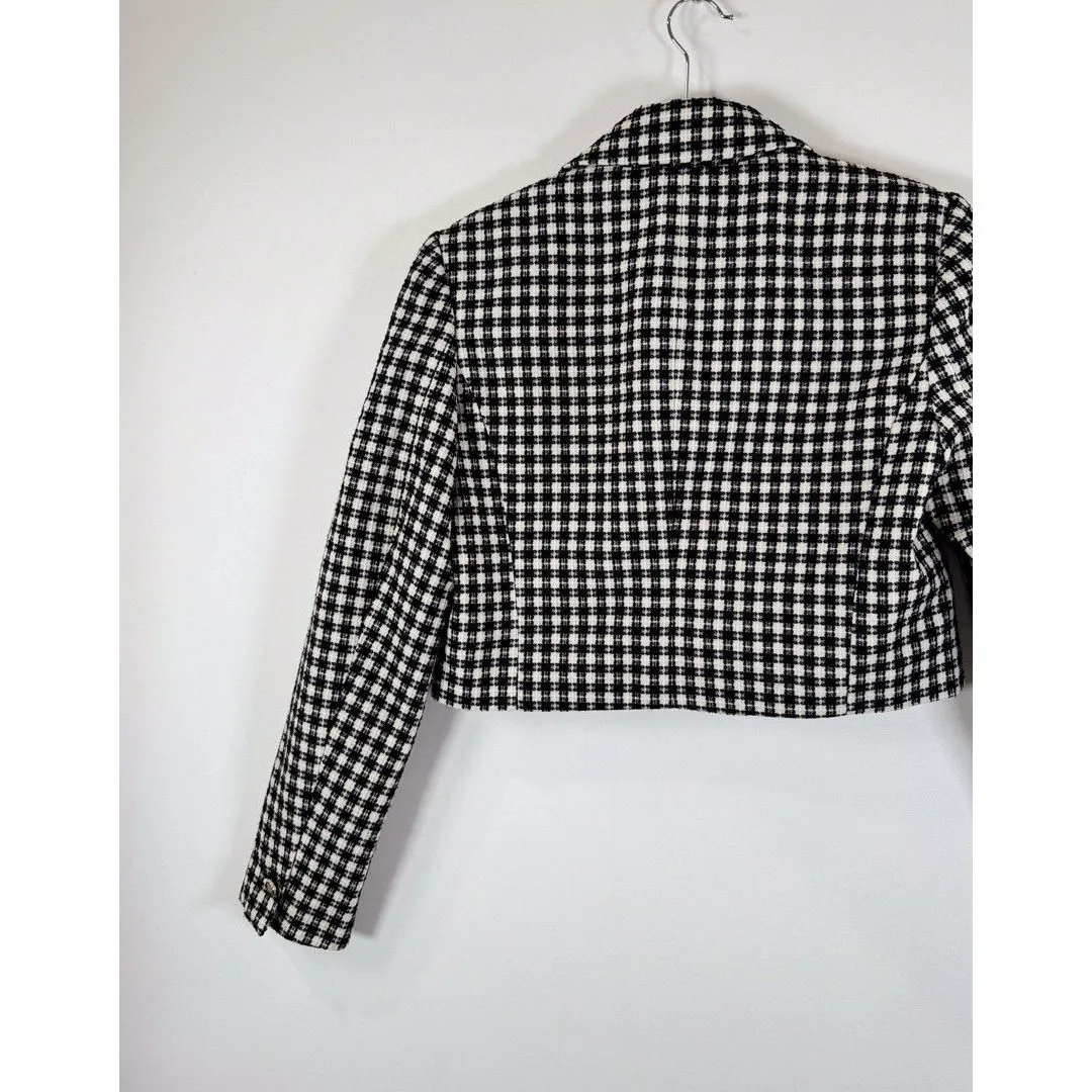 ZARA Womens Blazer Black Double Breasted Plaid Cropped Tweed Jacket Notched XS - Image 8