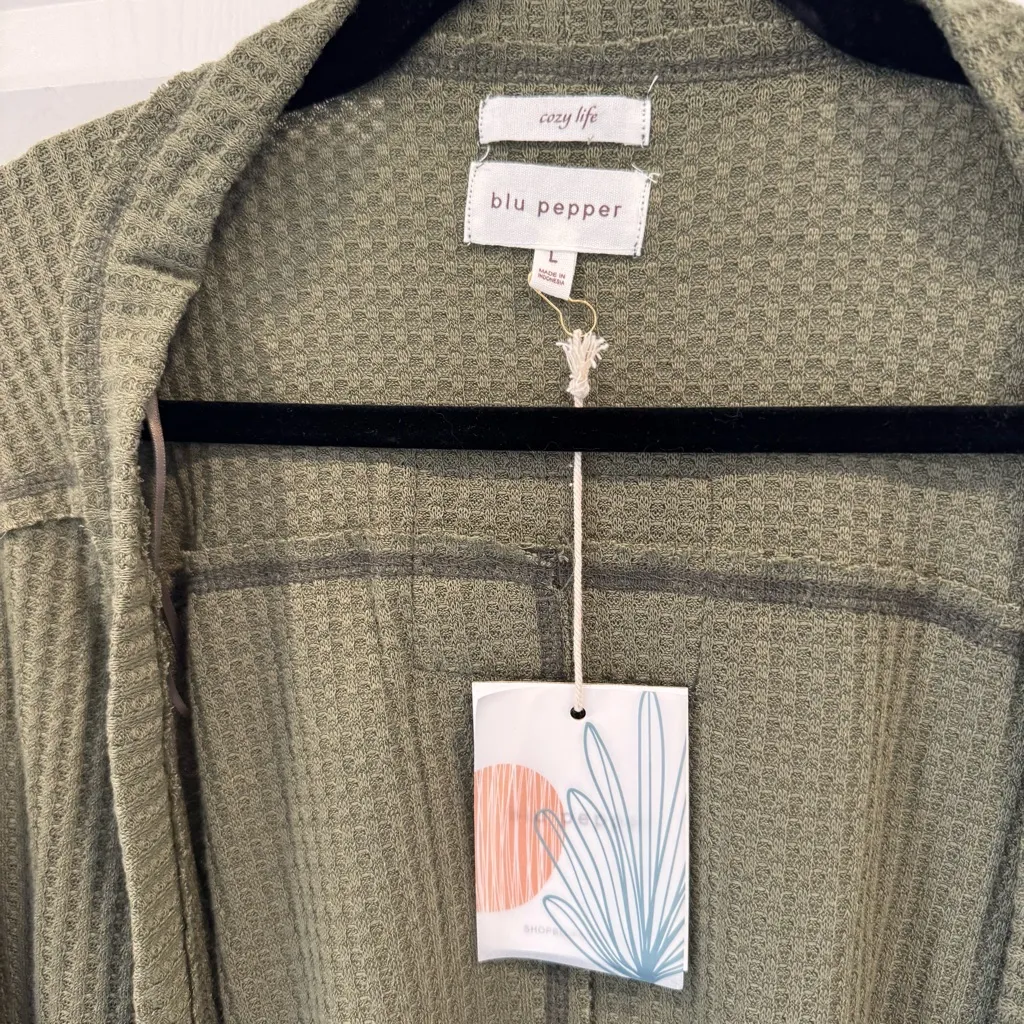NWT Blu Pepper Cozy Life Cardigan Open Waffle Knit Olive Balloon Sleeve - Image 2