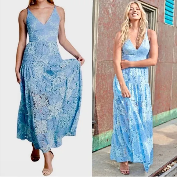 Dress the Population Melina Lace Fit & Flare Maxi Dress in Blue S - Image 3