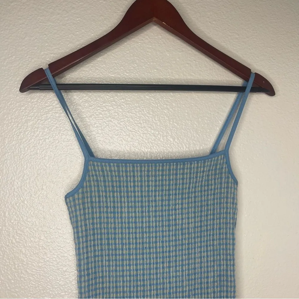 Wilfred XS Body Con Rouched Mini Dress Blue Spaghetti Straps Ribbed Stretchy - Image 3