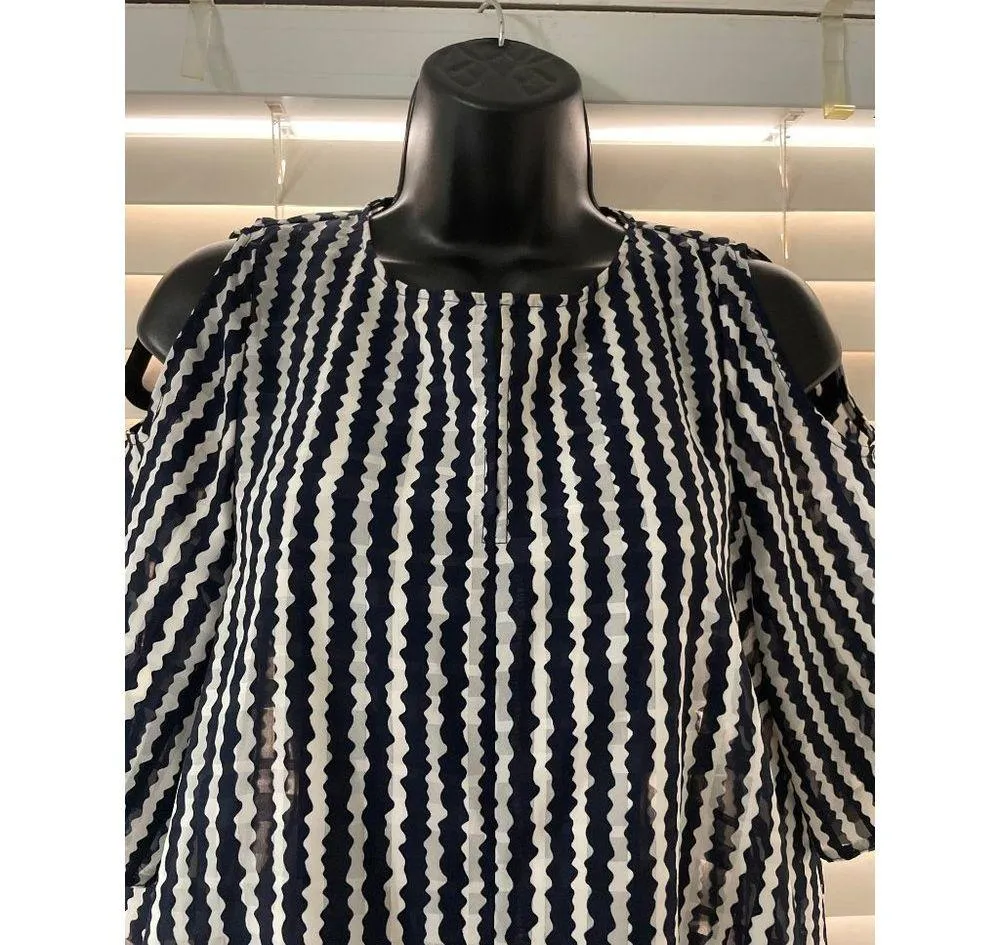 TopShop 4 Cold Shoulder Navy Striped Cold Shoulder Blouse - Image 2