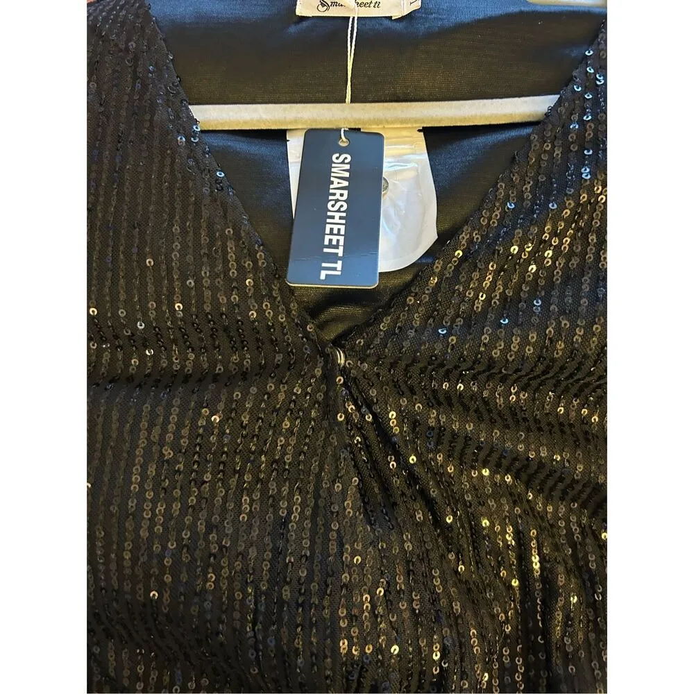 NEW Elegant Sequin Sheer Long Sleeve V Neck Slim Fit Top L Black Size L - Image 4